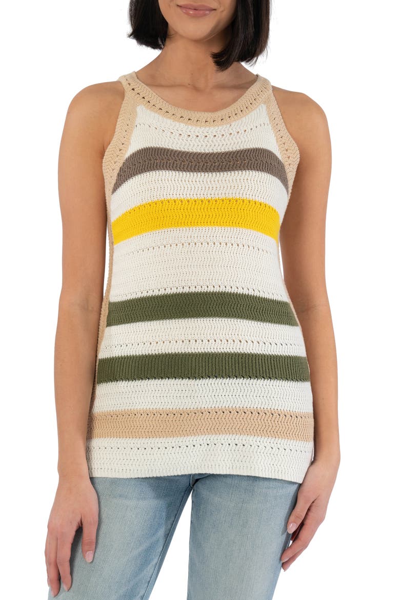 KUT from the Kloth Nour Stripe Crochet Tank, Main, color, WHITE/ YELLOW/ OLIVE