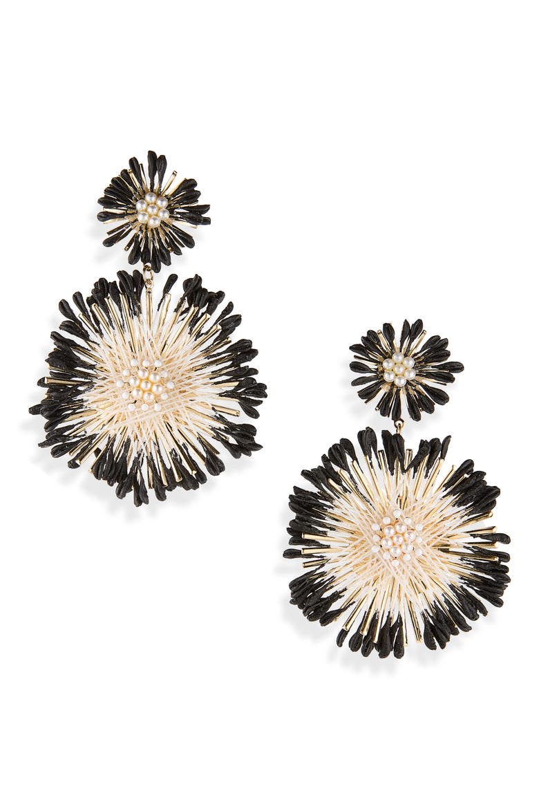 Faux Pearl Starburst Double Drop Earrings, Main, color, BLACK