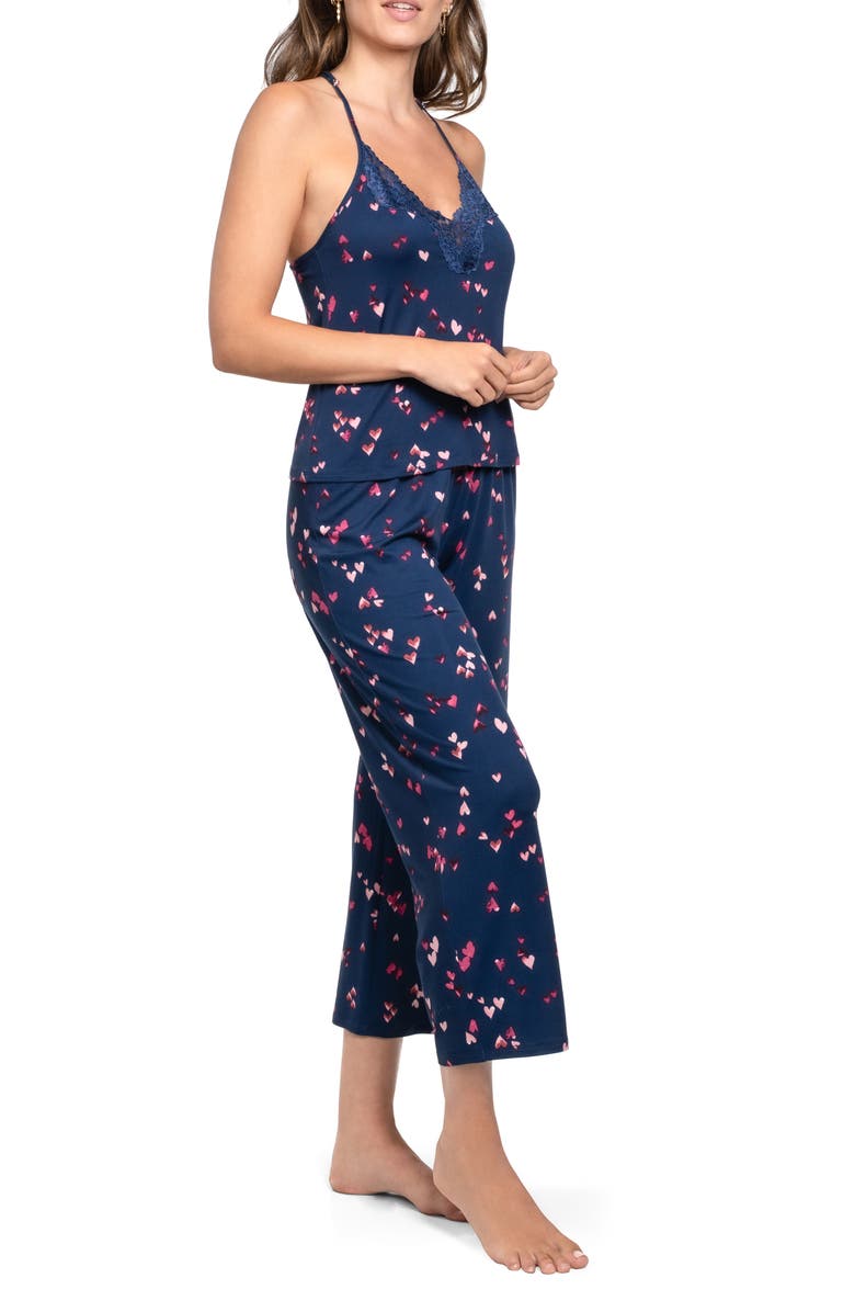 In Bloom by Jonquil Lace Trim Heart Long Pajamas, Alternate, color, Navy Print