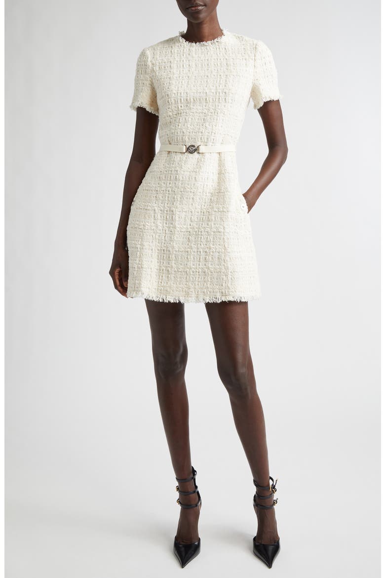 Medusa '95 Belted Metallic Tweed A-Line Dress, Main, color, WHITE