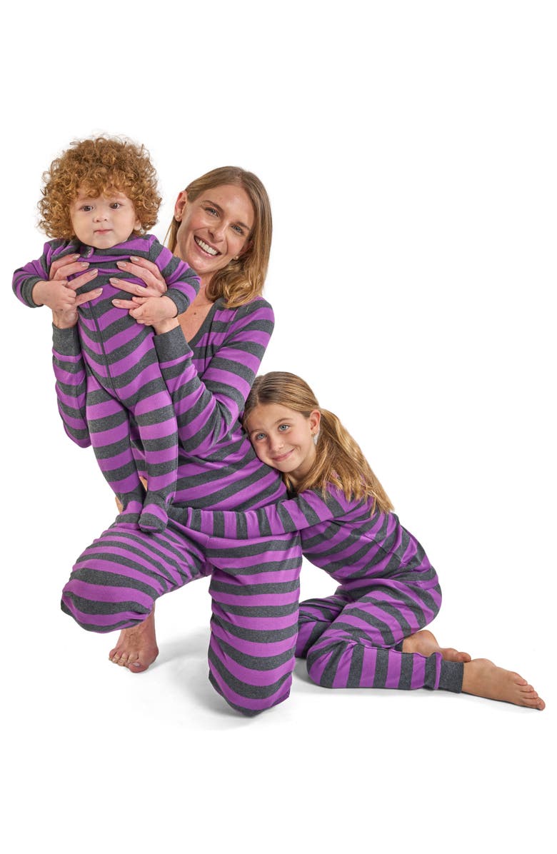 Leveret Footed Striped Cotton Matching Family Pajamas, Alternate, color, Purple & Dark Gray