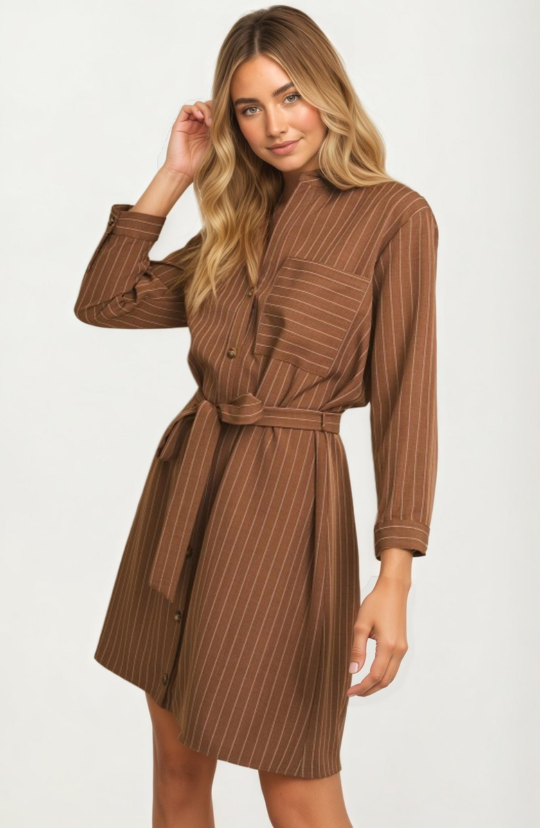 Knit and Lounge Striped Button-Front Waist-Tie Shirt Dress, Main, color, 