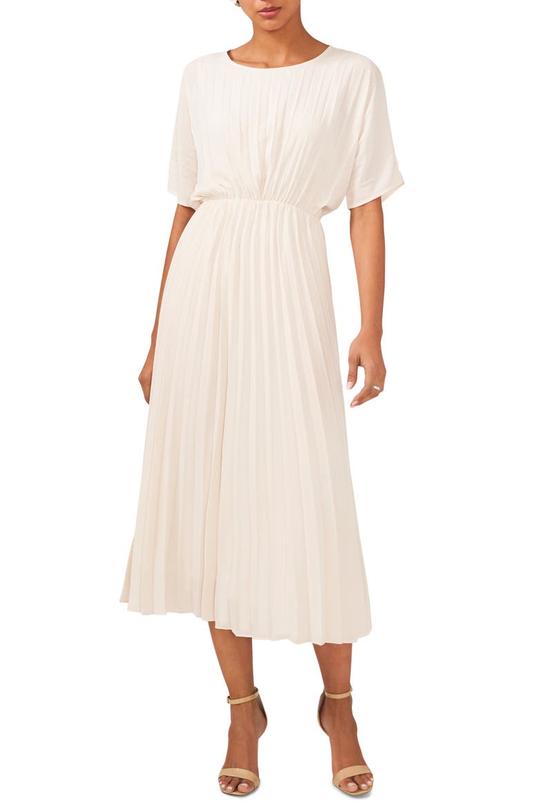 Pleated Midi Dress, Main, color, WHITE BIRCH