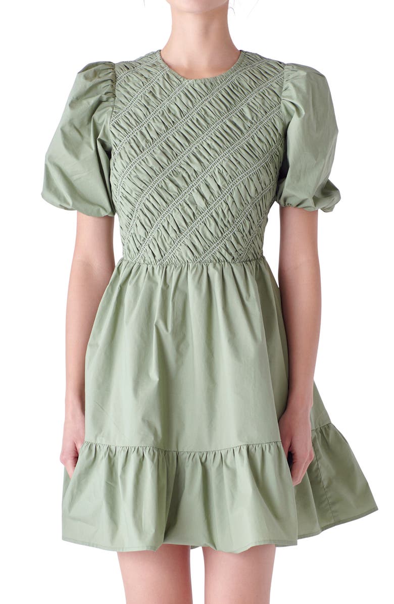 English Factory Shirred Puff Sleeve Cotton Minidress, Alternate, color, Sage