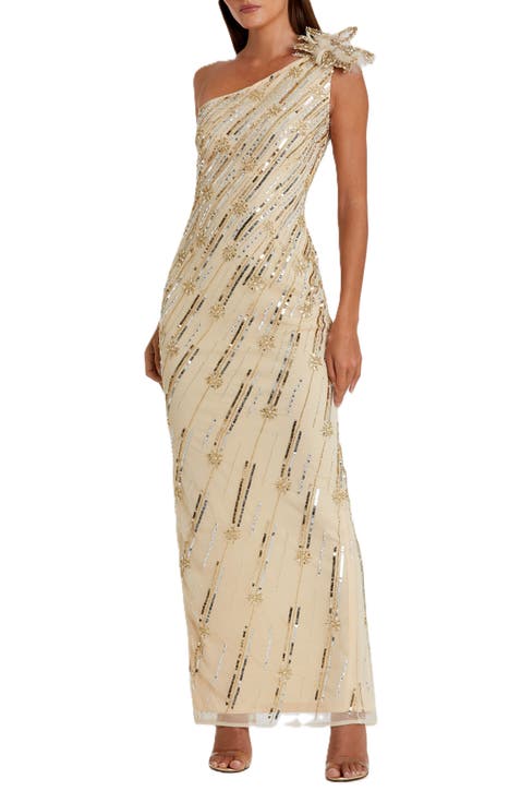 Embellished Floral Detail One Shoulder Gown