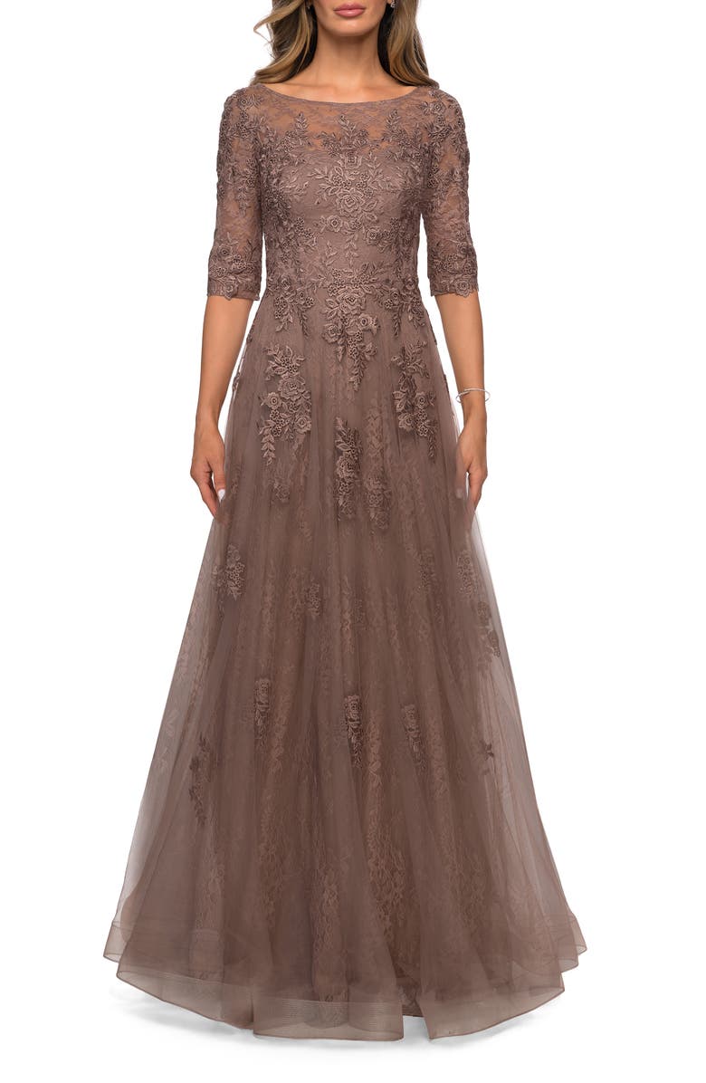 Lace and Tulle A-line Gown with Three Quarter Sleeves
