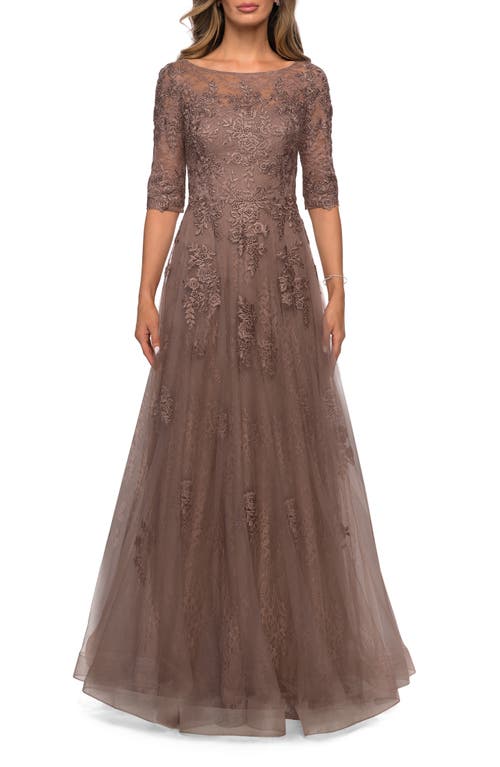 La Femme Lace And Tulle A-line Gown With Three Quarter Sleeves In Cocoa