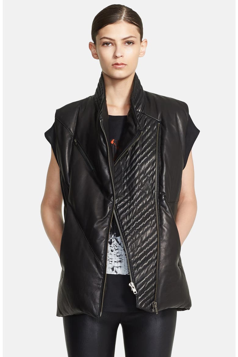 'Petal' Leather Puffer Vest, Main, color, BLACK