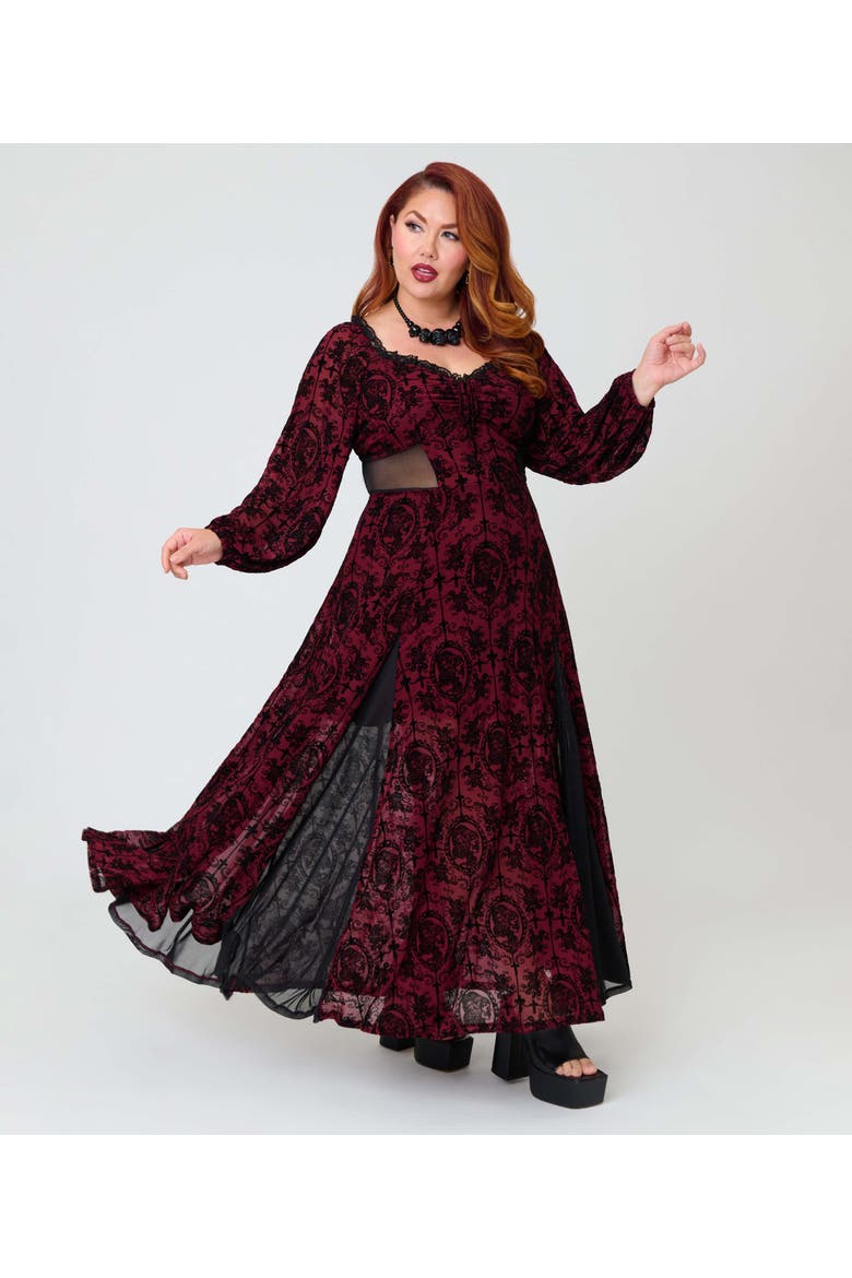 Plus Size Sheer Spiderweb Godet Maxi Dress, Alternate, color, Red Swirling Floral Print