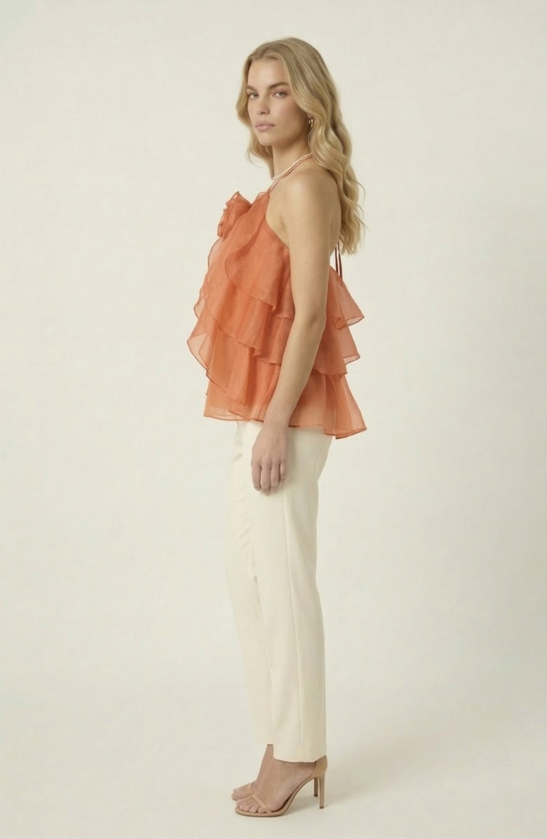 Modenaire Halter Ruffle Chiffon Top, Alternate, color, Terracotta