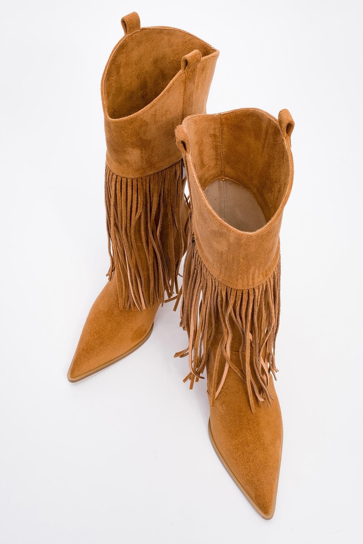 Gueras Fringe Pointed Toe Boot, Alternate, color, Cognac Suede Faux Leather