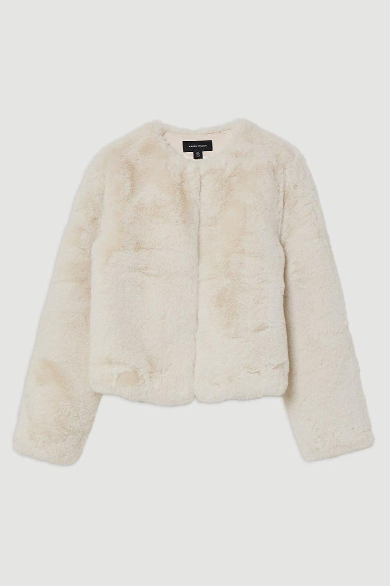 Collarless Faux Fur Jacket, Alternate, color, Ivory