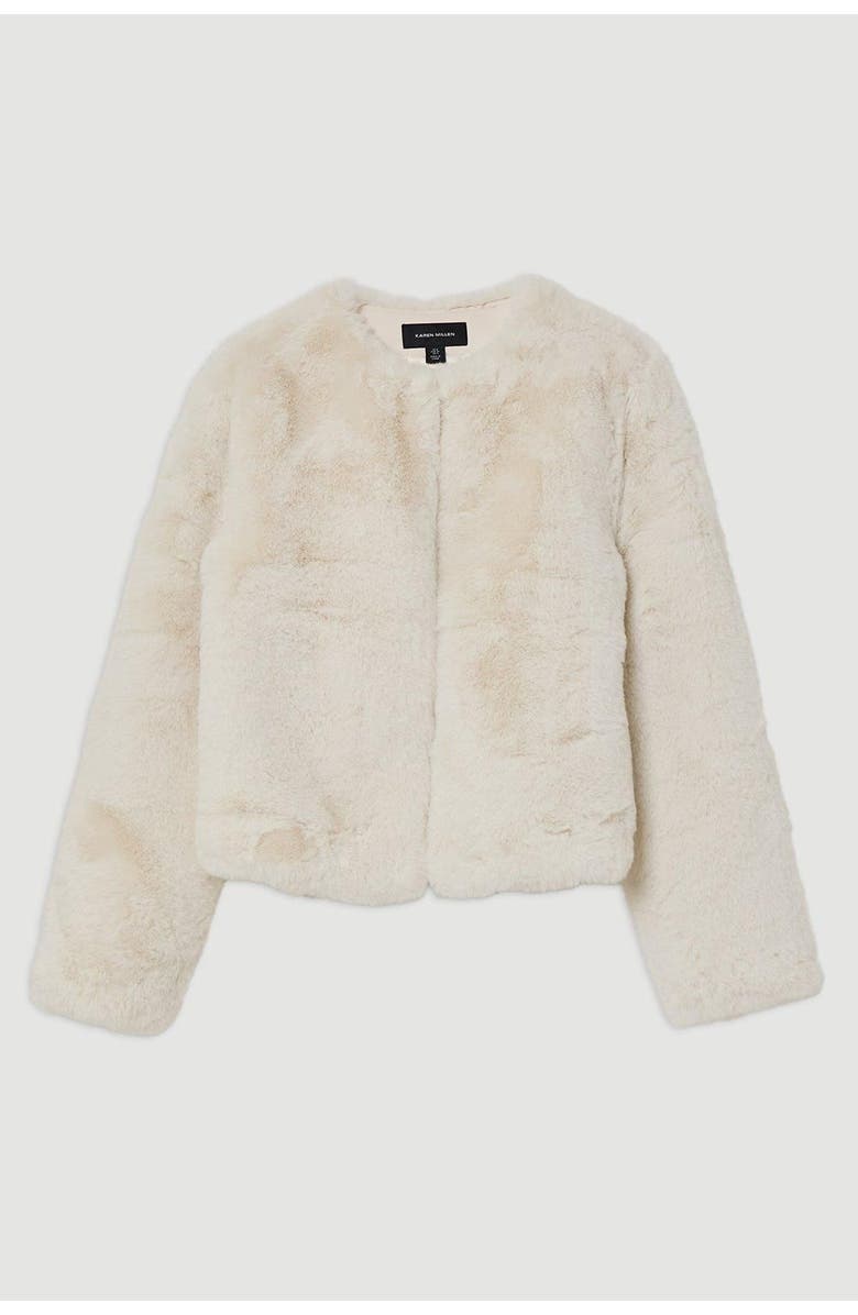 Karen Millen Collarless Faux Fur Jacket, Alternate, color, Ivory