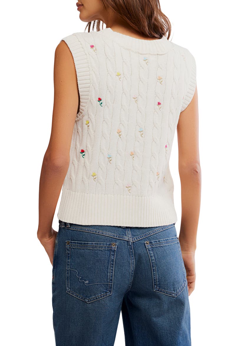 Plumeria Floral Embroidered Cable Stitch Vest, Alternate, color, IVORY COMBO