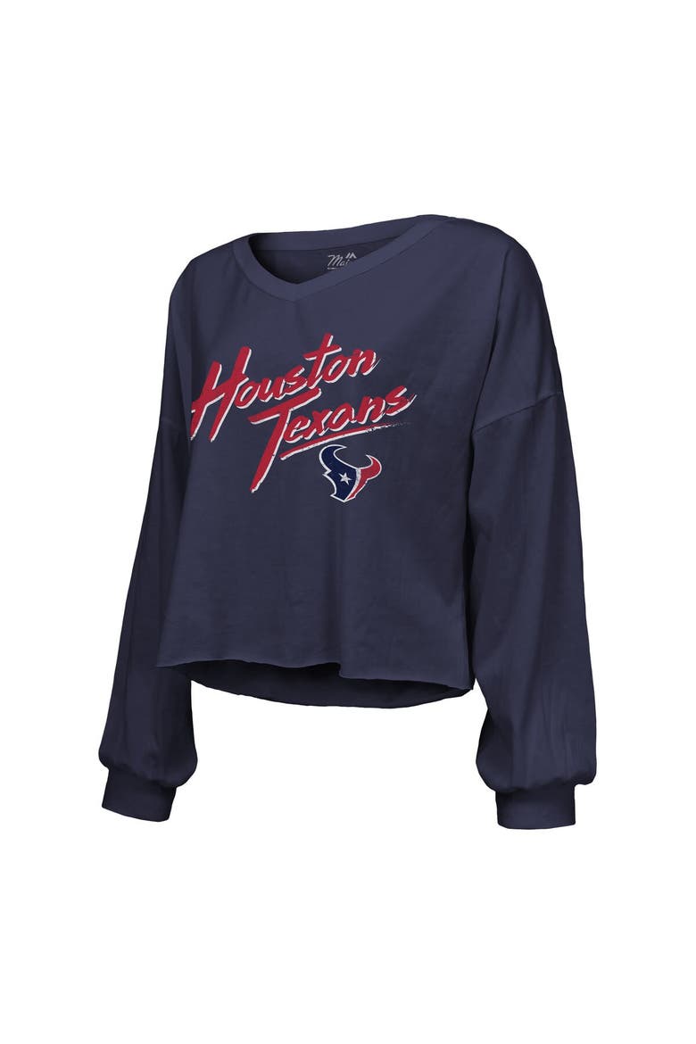 Women's Majestic Threads C.J. Stroud Navy Houston Texans Name & Number Script Off-Shoulder Cropped Long Sleeve T-Shirt, Alternate, color, Navy
