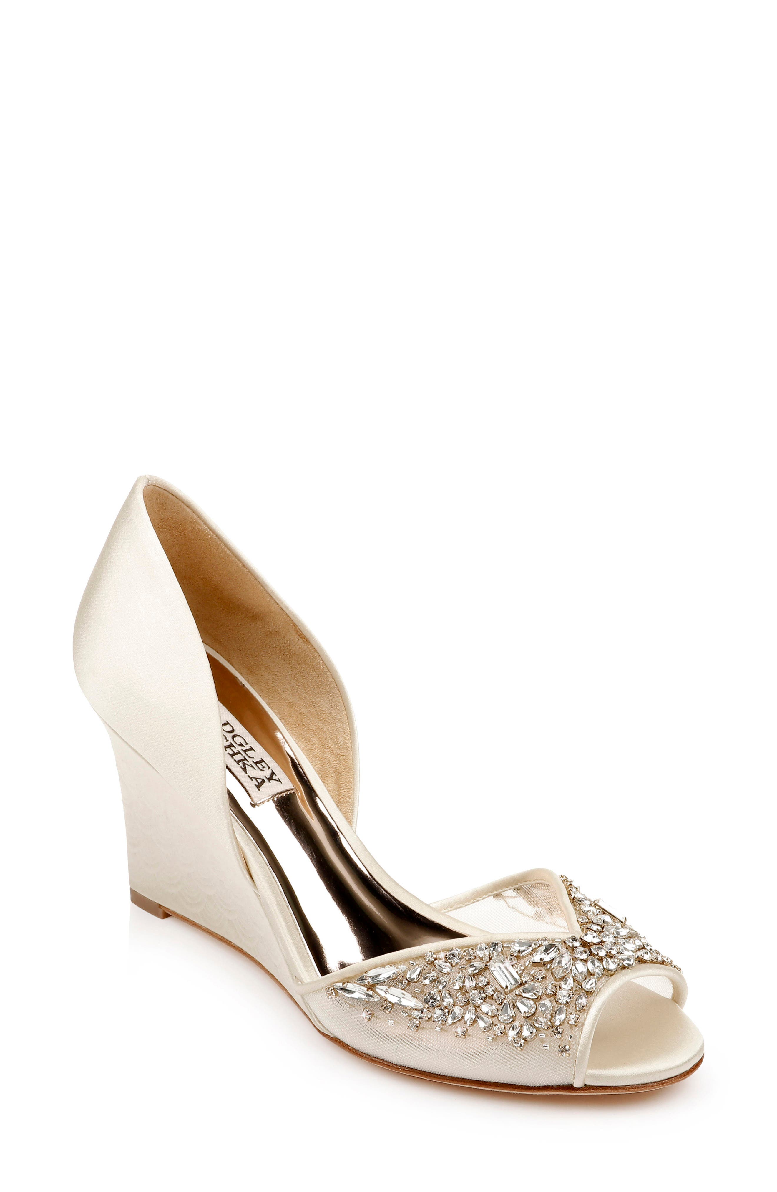 Badgley Mischka Cashmere Crystal Embellished Wedge, Main, color, IVORY SATIN