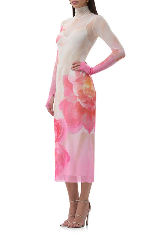 Shop Afrm Shailene Turtleneck Long Sleeve Mesh Midi Dress In Cloud Floral
