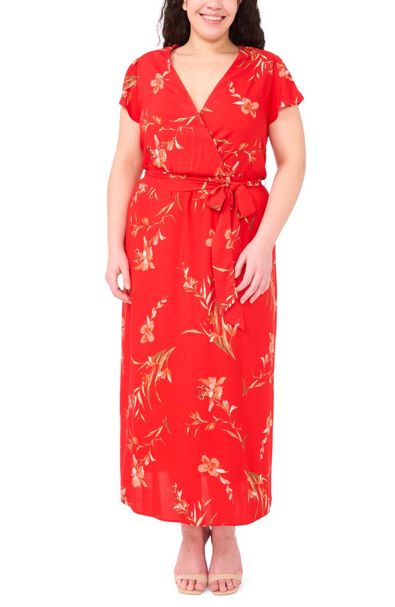CeCe Floral Faux Wrap Maxi Dress, Main, color, Fiery Red
