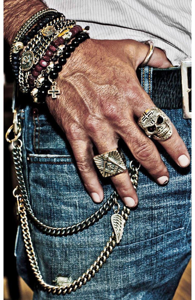 King Baby Studio Large Skull Ring with Chosen Cross Detail and Garnet Eyes, Alternate, color, Silver