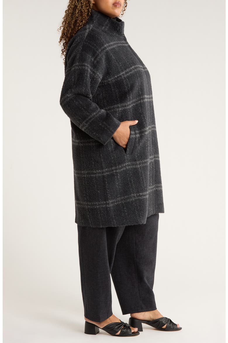 Plaid Stand Collar Alpaca & Wool Blend Coat, Alternate, color, CHARCOAL