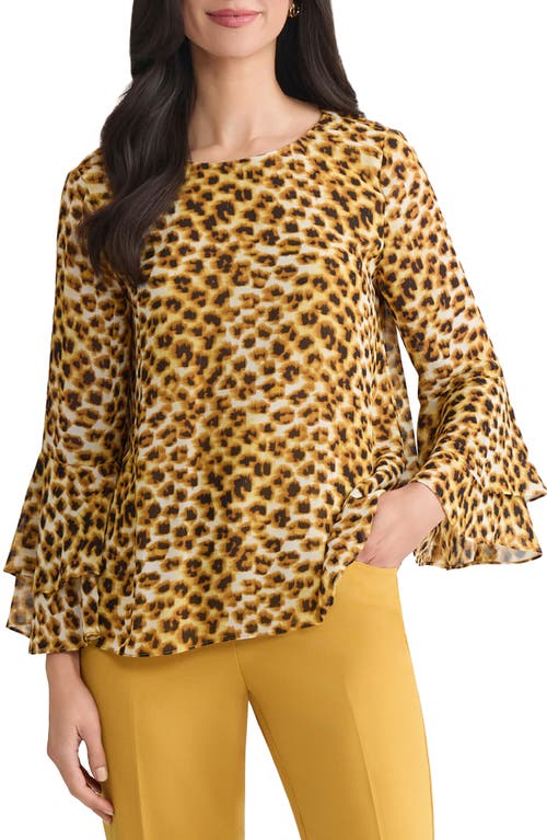 Kasper Tiered Ruffle Bell Sleeve Chiffon Top In Animal Print