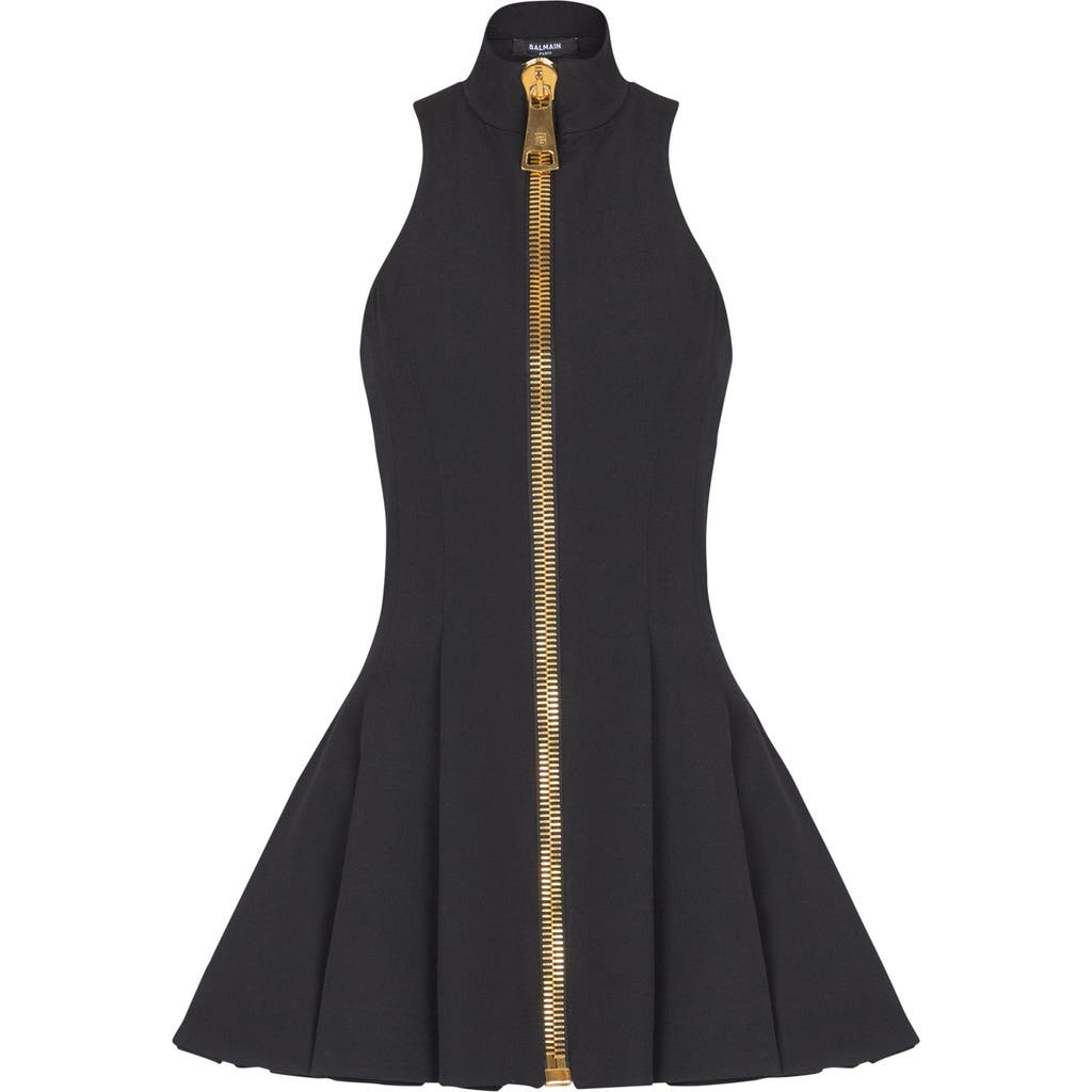 Balmain Zip-detailed Pleated Grain De Poudre Wool Mini Dress In Black