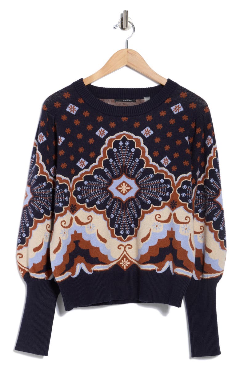 T Tahari Puff Sleeve Floral Jacquard Sweater, Alternate, color, Navy Blue Medallion