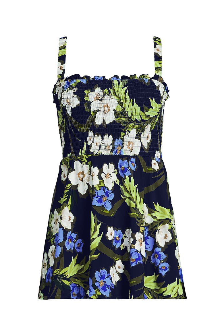 Womens Square Neck Smocked Mini Swim Dress, Alternate, color, Deep Sea/Blue Floral Tropic