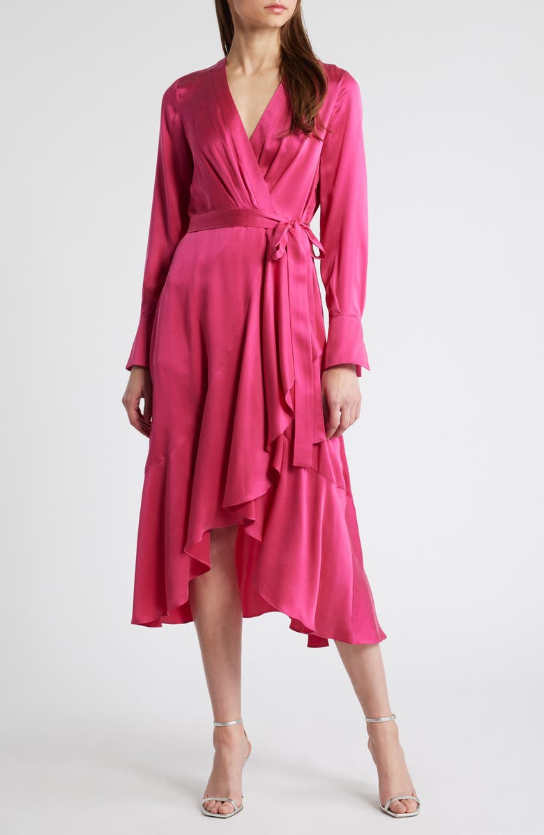 KOBI HALPERIN Victoria Long Sleeve Silk Faux Wrap Dress, Main, color, Hot Pink