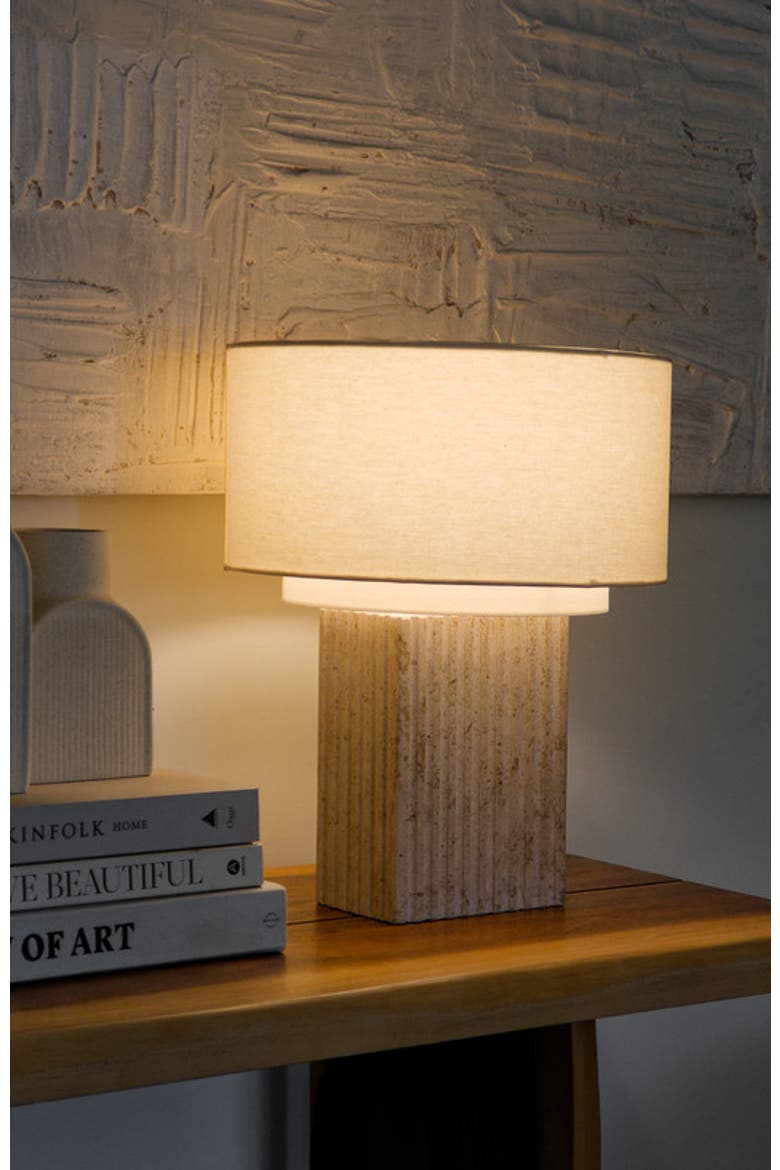 Atticus 15" Modern LED Natural Limestone Table Lamp with Cotton Fabric Shade, Alternate, color, Cream