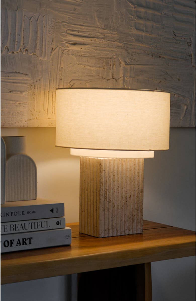 Brightech Atticus 15" Modern LED Natural Limestone Table Lamp with Cotton Fabric Shade, Alternate, color, Cream
