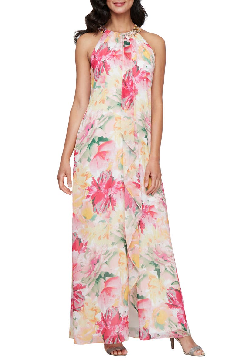 SL FASHIONS Floral Embellished Halter Neck Gown, Main, color, 