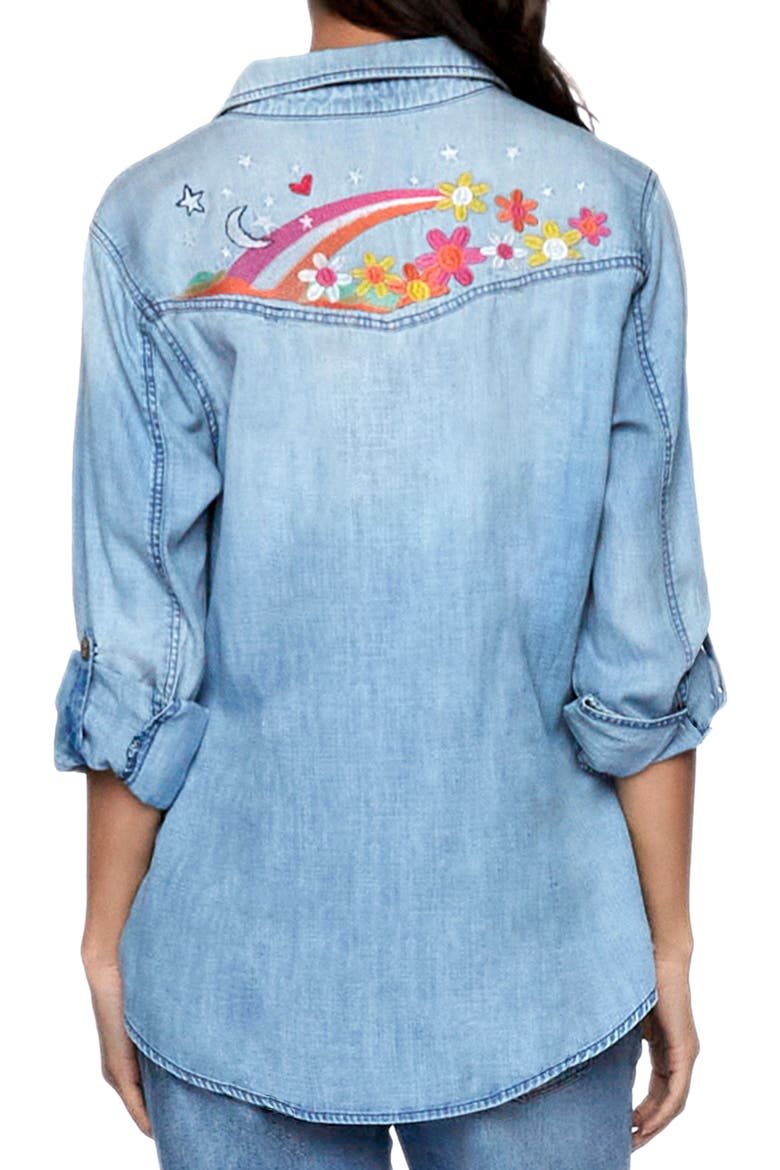 To the Moon & Back Embroidered Denim Graphic Button-Up Shirt, Alternate, color, DENIM