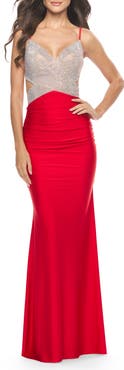 La Femme Ruched Gown with Rhinestone Bodice and Side Cutouts