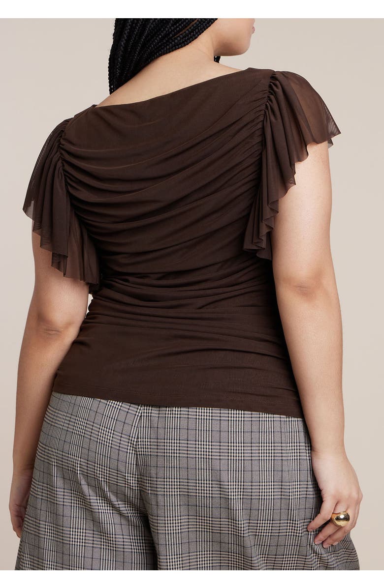 ELOQUII Shirred Mesh Top With Shoulder Flounces, Alternate, color, Chicory Coffee