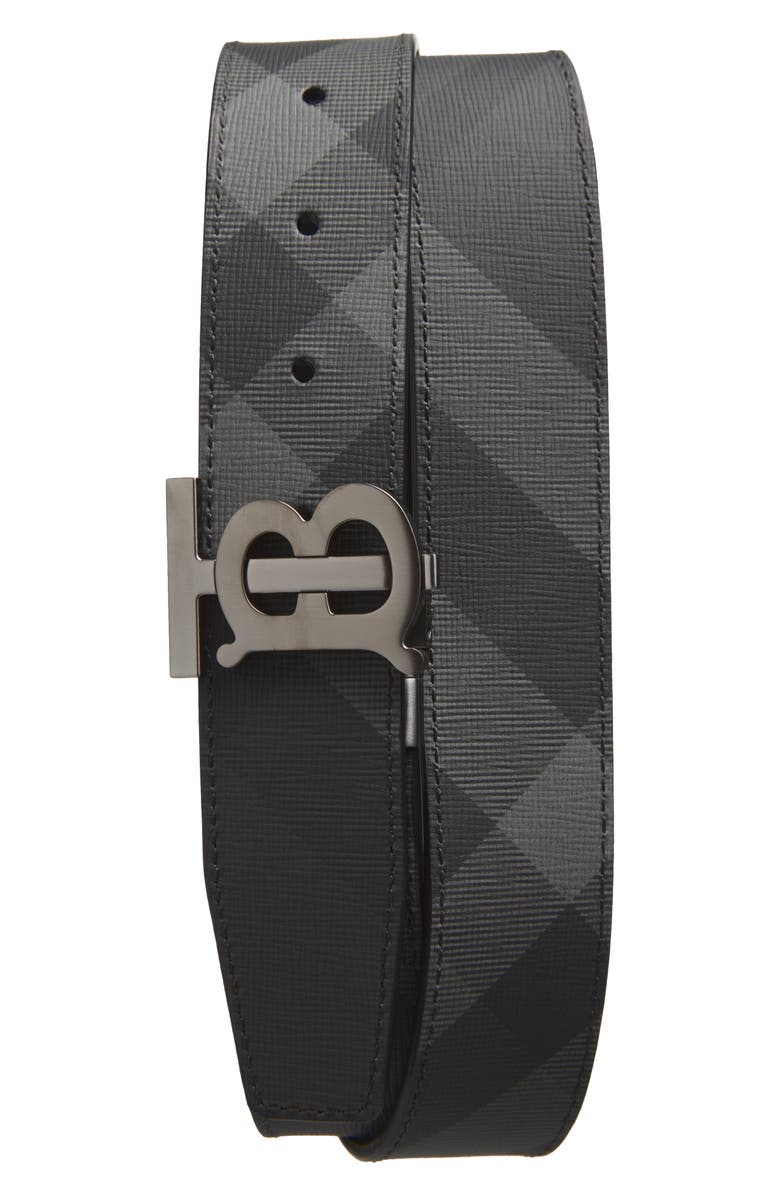 Burberry TB Plaque Check Reversible Belt, Main, color, Charcoal/ Graphite