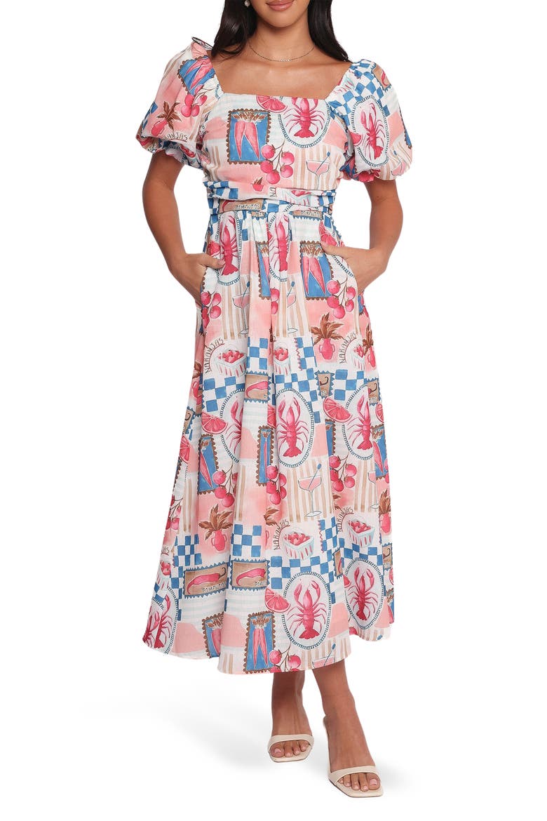 Cleo Puff Sleeve Cotton Midi Dress, Main, color, PINK BLUE