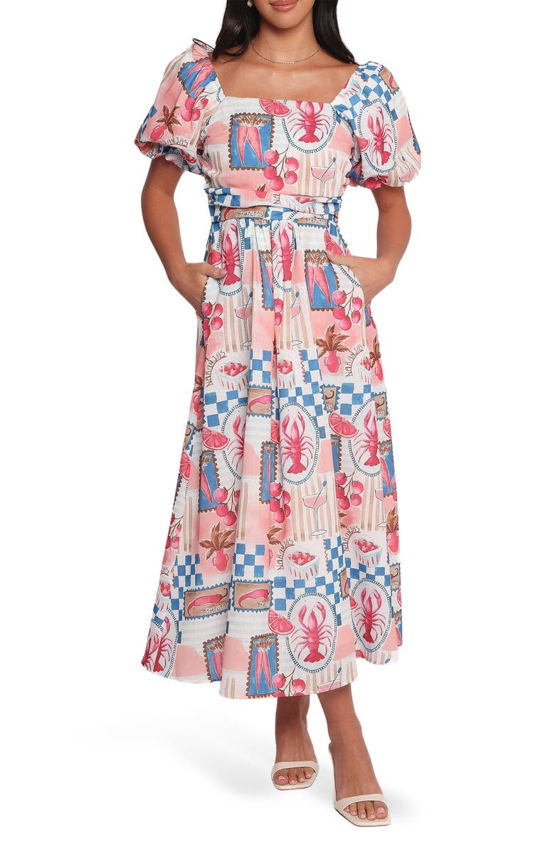 Petal & Pup Cleo Puff Sleeve Cotton Midi Dress, Main, color, Pink Blue