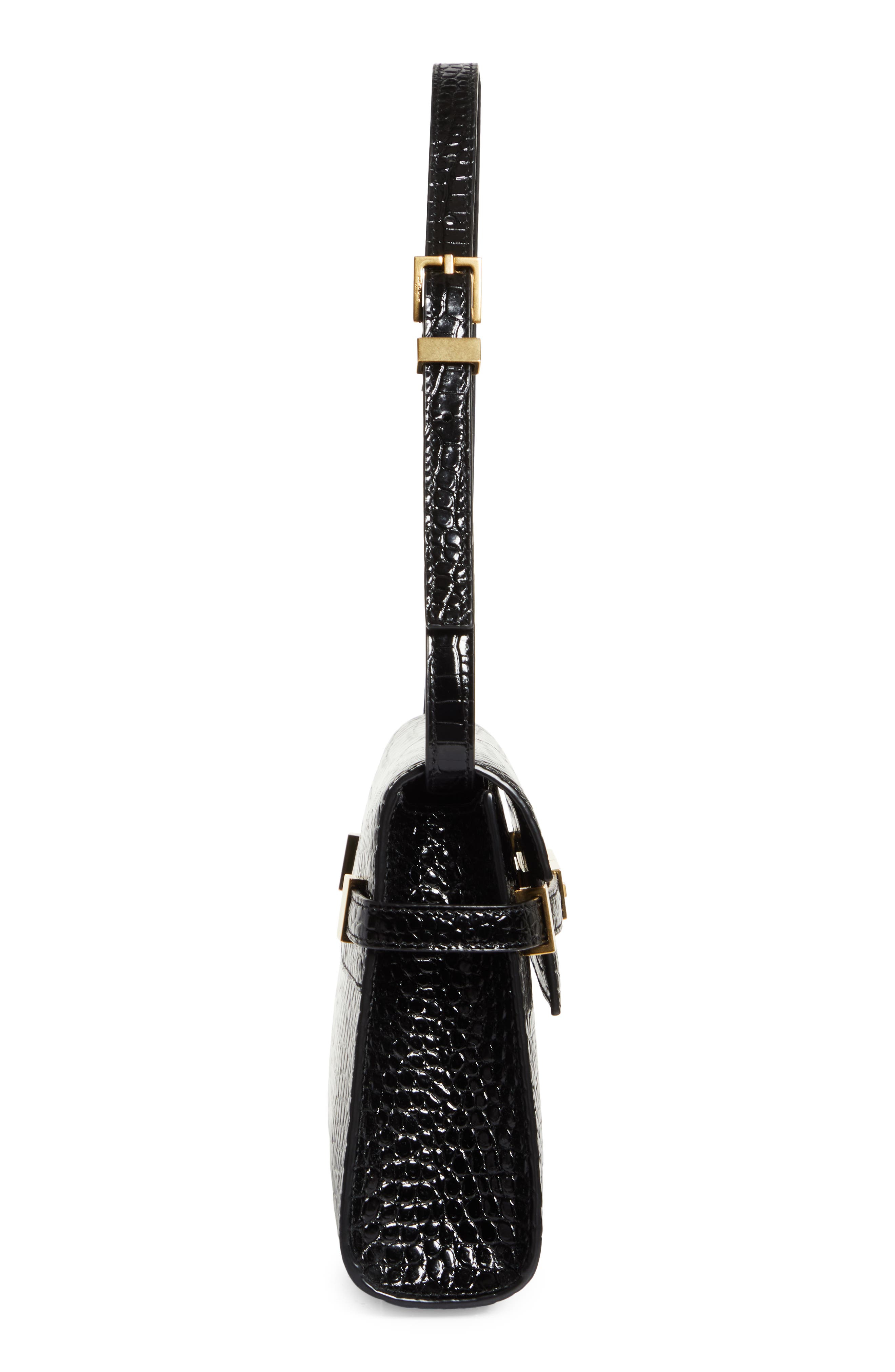 Small Manhattan Croc Embossed Shoulder Bag, Alternate, color, NOIR