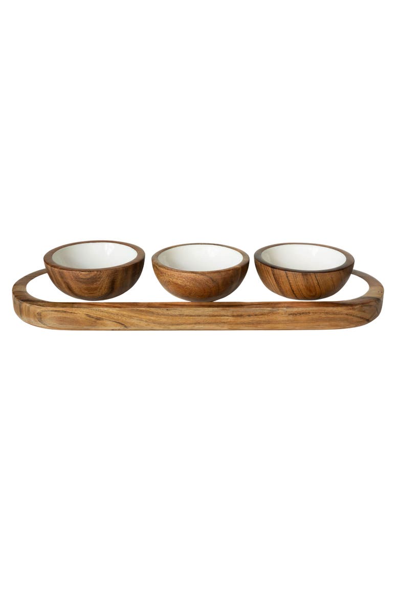 Wood + White Collection Acacia Wood 3 Dipping Bowls and Tray, Alternate, color, White, Brown