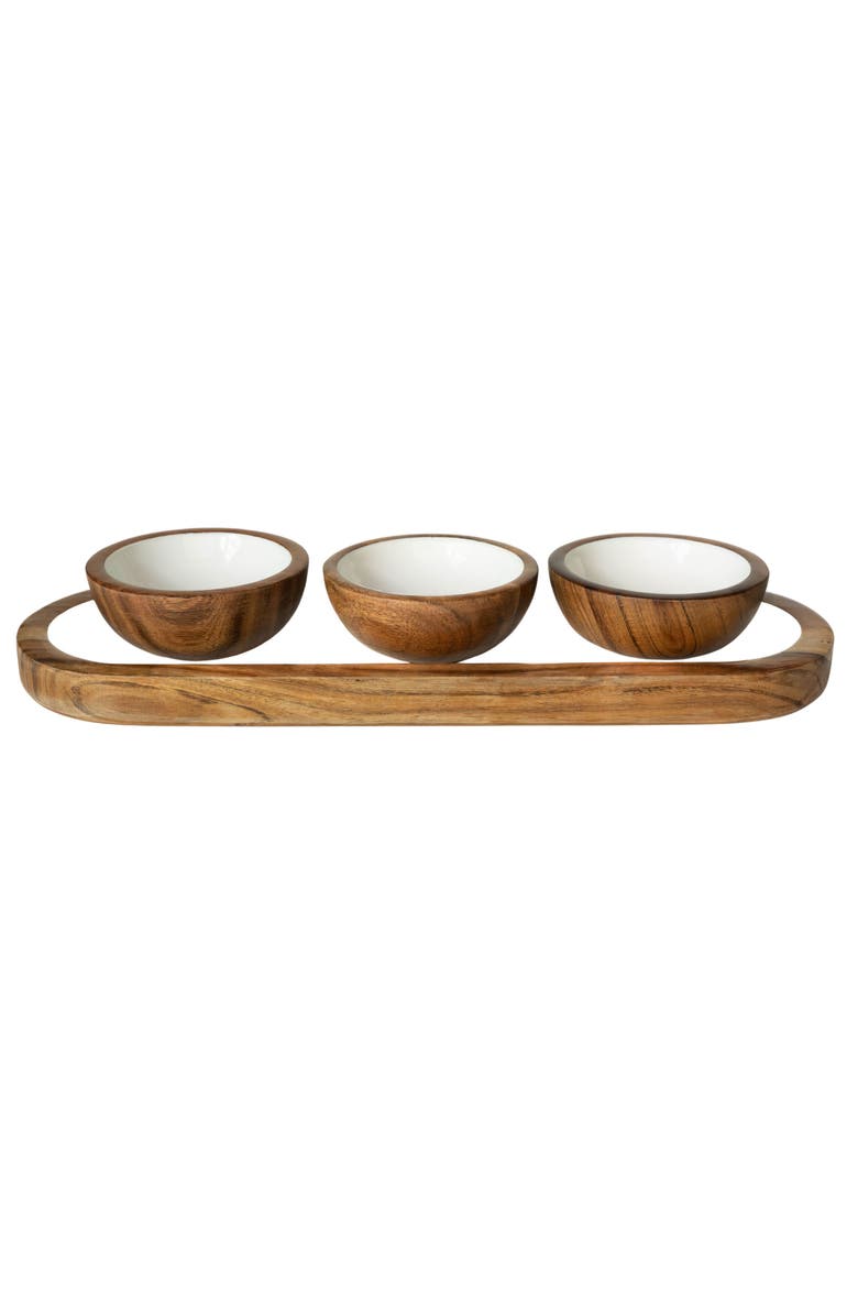 Jeanne Fitz Wood + White Collection Acacia Wood 3 Dipping Bowls and Tray, Alternate, color, White, Brown