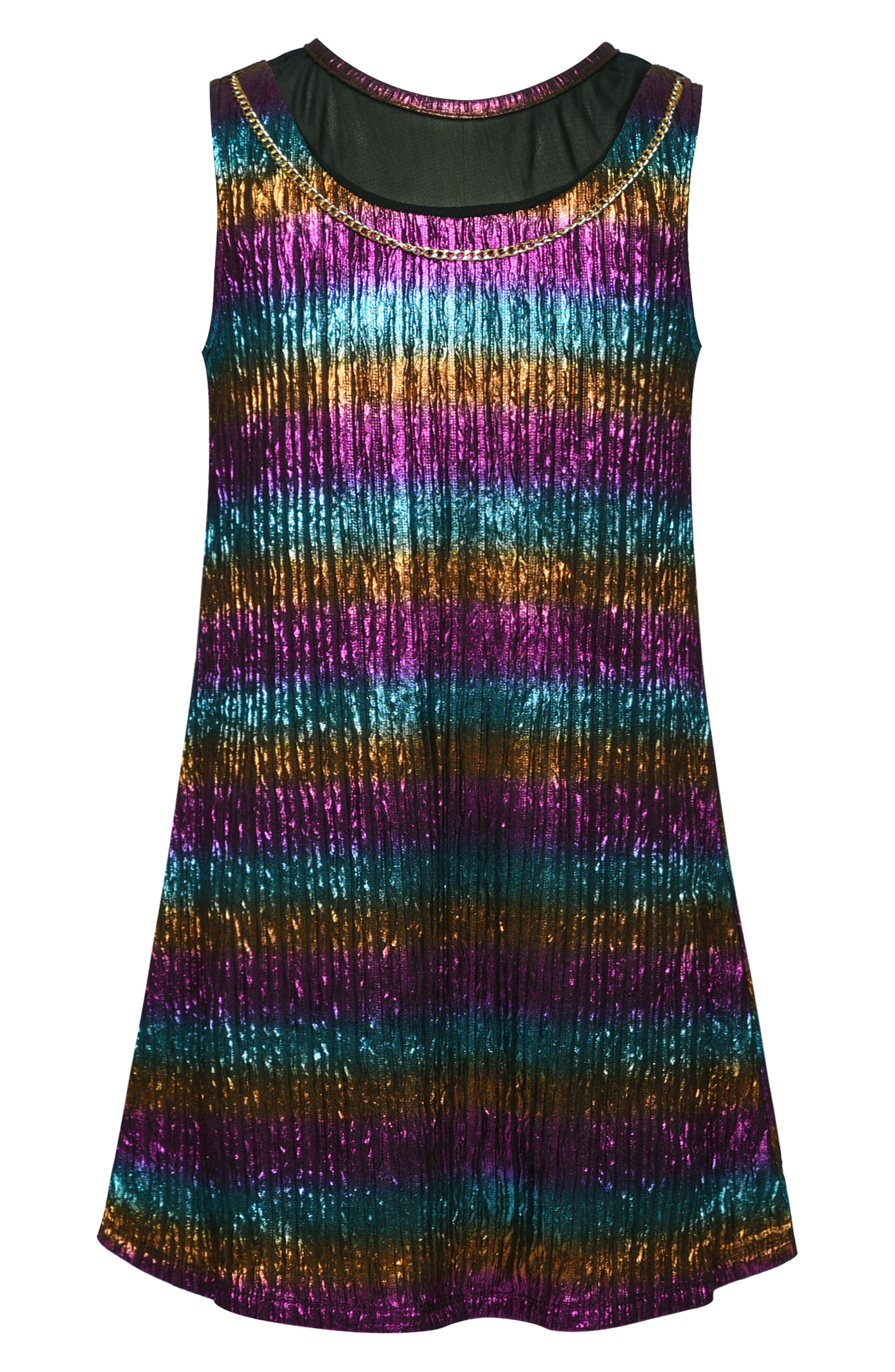 Hannah Banana Kids' Iridescent Stripe Chain Detail Dress in Black/Metallic Multi 