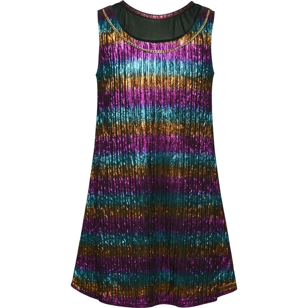 Hannah Banana Kids' Iridescent Stripe Chain Detail Dress in Black/Metallic Multi