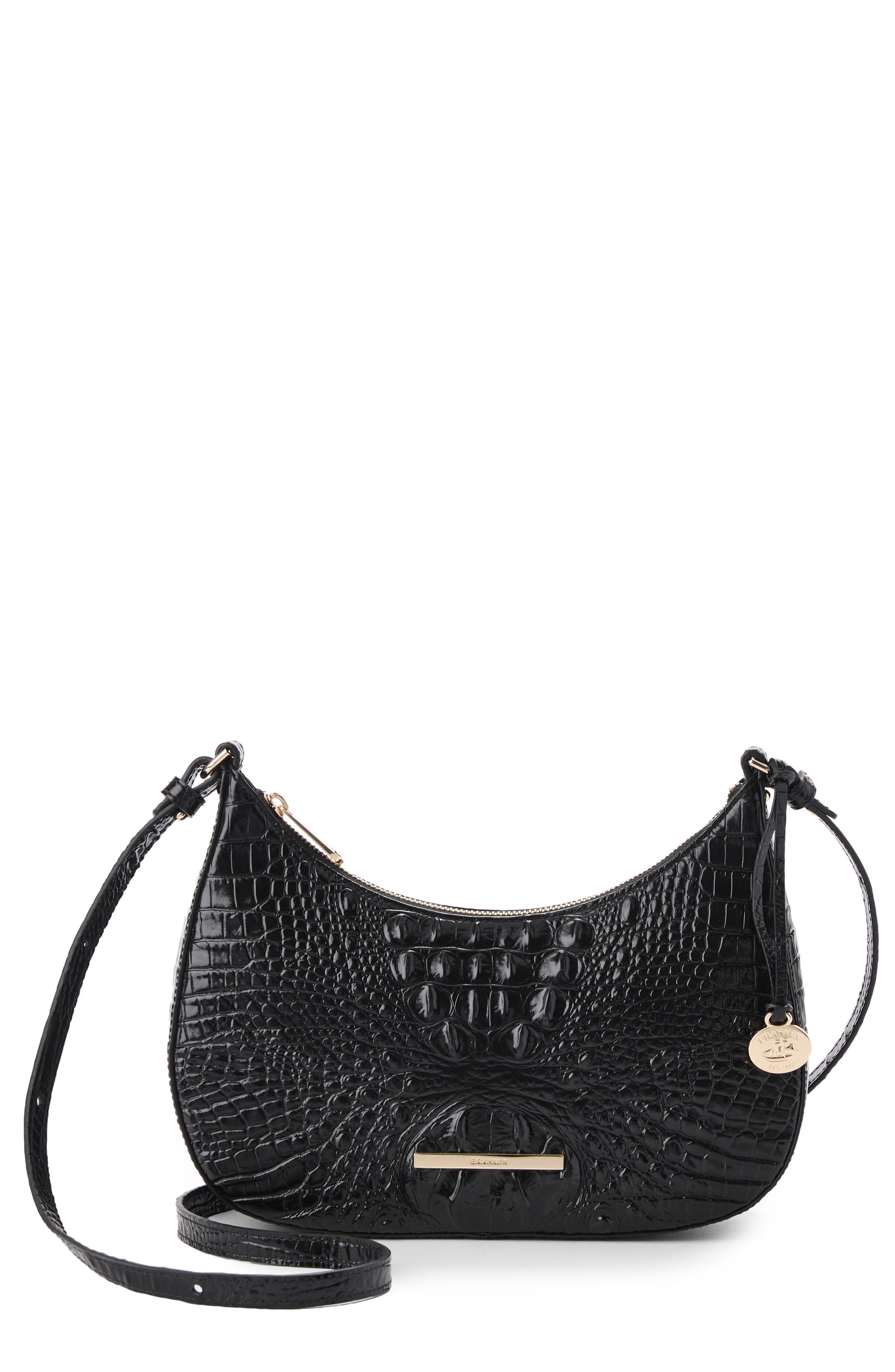Small Stephie Croc Embossed Leather Crossbody Bag, Main, color, BLACK