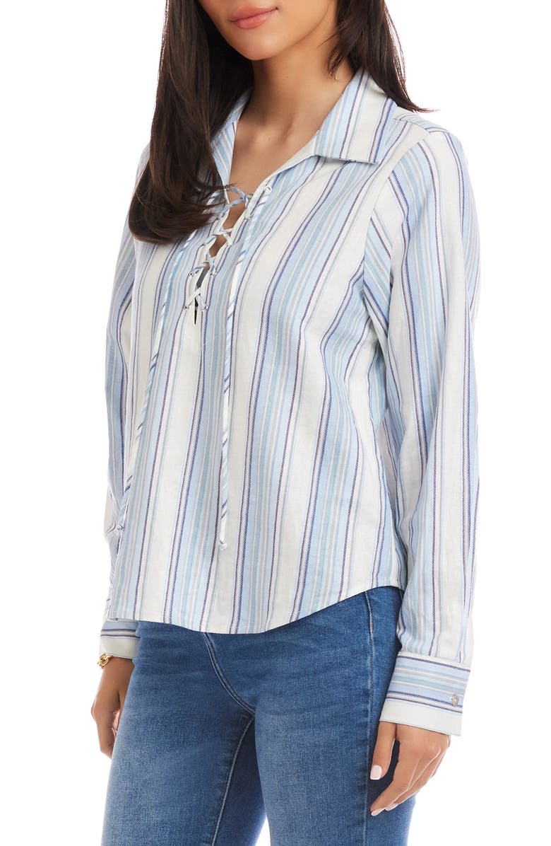 Karen Kane Stripe Linen Blend Lace-Up Popover Shirt, Alternate, color, Stripe