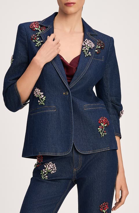 Khloe Rhinestone Roses Denim Blazer
