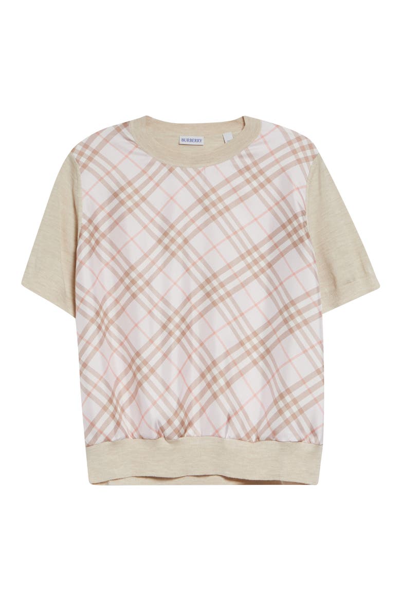 Sandrina Scarf Front Short Sleeve Wool & Silk Crewneck Sweater, Alternate, color, BEIGE/ QUARTZ PINK IP CHECK