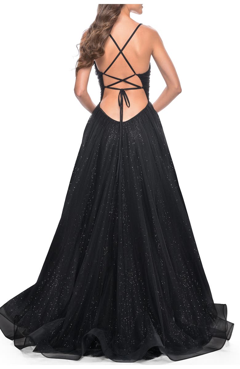 La Femme A-Line Prom Dress with Sequin Lining and Illusion Top, Alternate, color, Black
