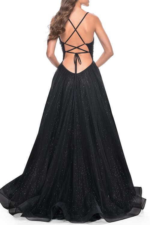 La Femme A-line Prom Dress With Sequin Lining And Illusion Top In Black