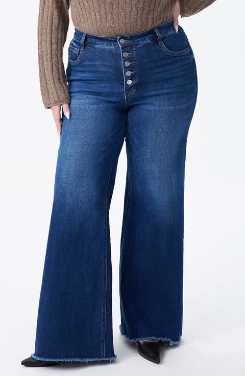 Frayed Mid Rise Wide Leg Jeans